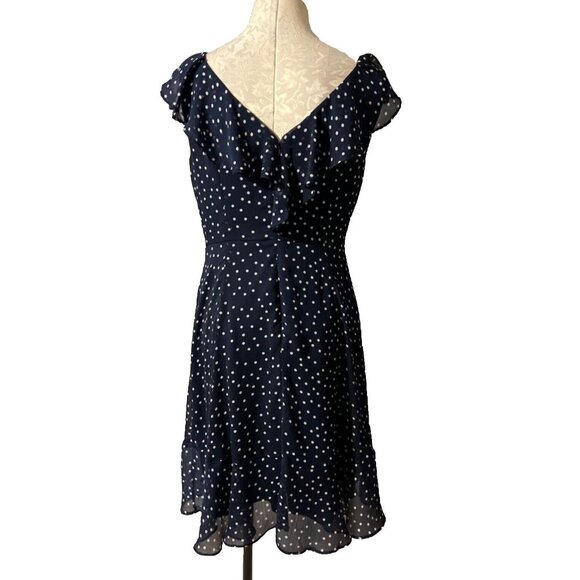 DKNY Dress Navy Blue Ivory 10 Polka Dot Flutter Sleeve A Line Flowy Summer - Picture 5 of 9